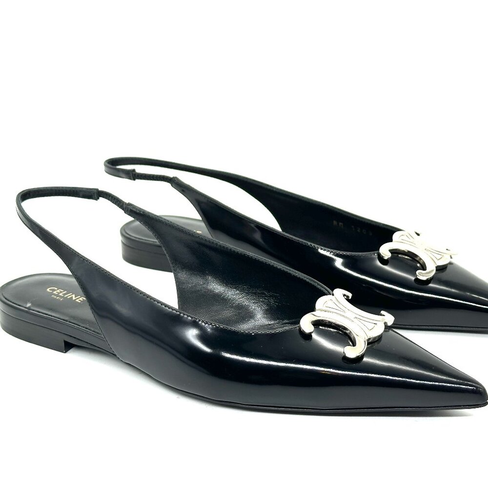 CELINE Alma Triomphe Logo Glossy Leather Flat Slingback Sandals Shoes - Picture 7 of 14